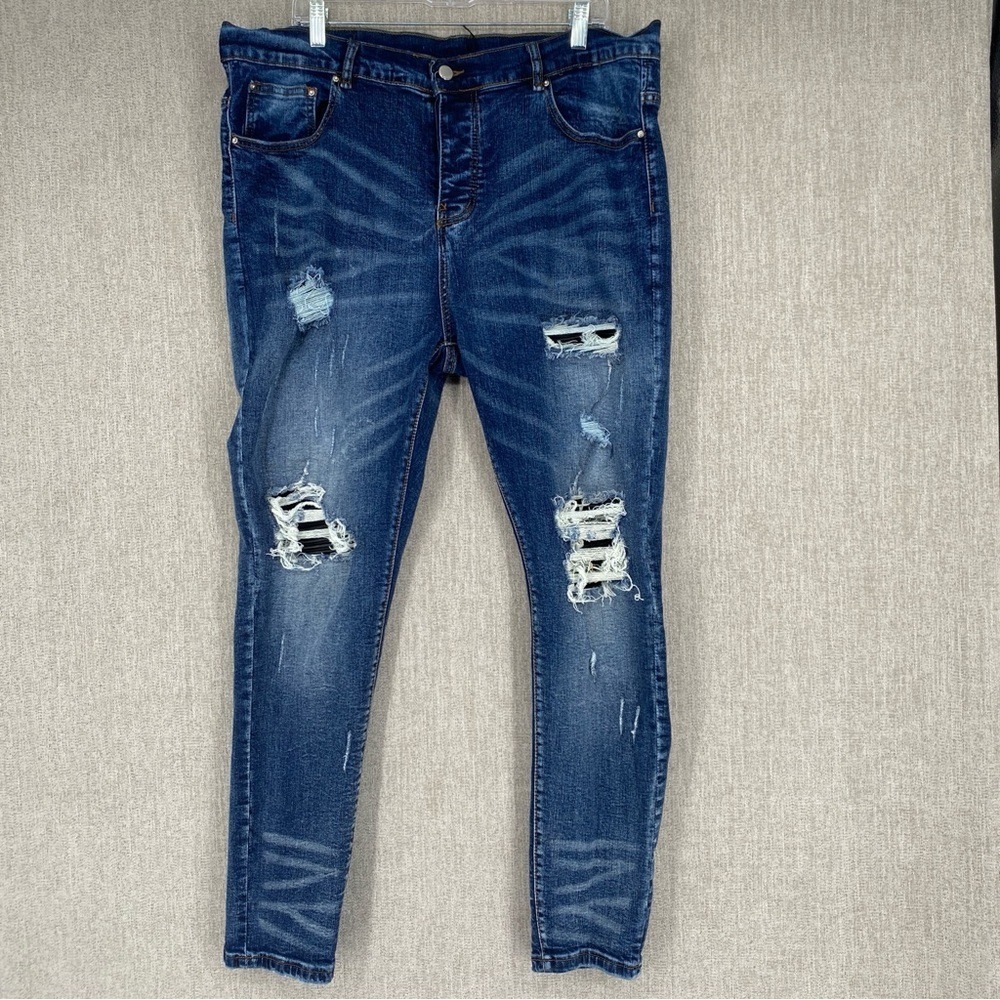 AMIRI MX1 Distressed Skinny Jeans Mens 38 Denim Black Leather Patch Button Fly